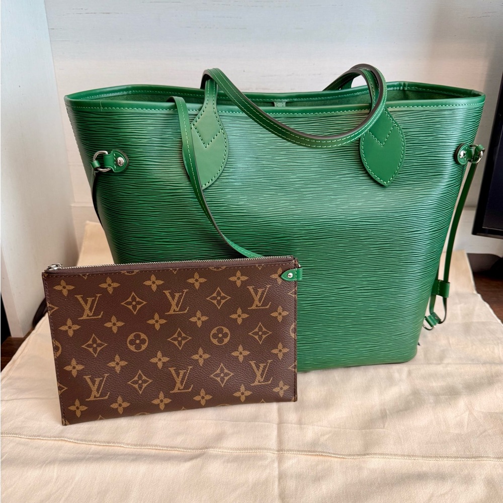 Louis Vuitton Reissue Borneo Green Neverfull MM Tote with Pouch
